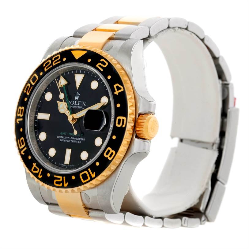 This image shows a side and front angle of the Rolex GMT-Master 116713 Men's Stainless Steel Black Dial 116713 Men's Stainless Steel Black Dial watch, highlighting its bezel, dial, crown, and part of the bracelet.