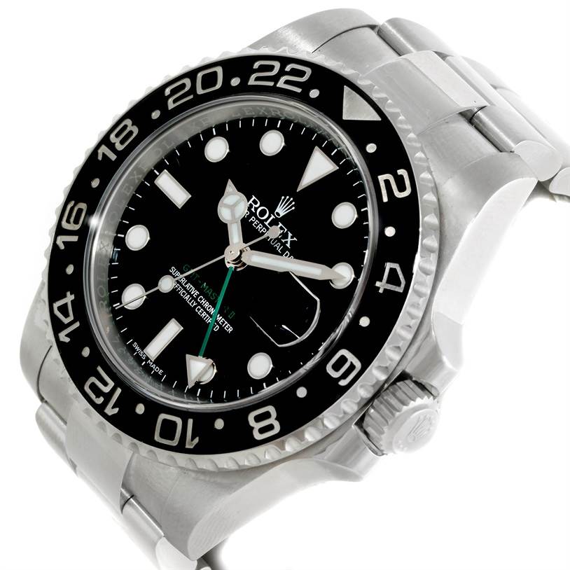 The image shows a top-down view of a Rolex GMT-Master 116710 Men
s Stainless Steel Black Dial 116710 Men
s Stainless Steel Black Dial watch, highlighting the dial, bezel, crown, and part of the bracelet.