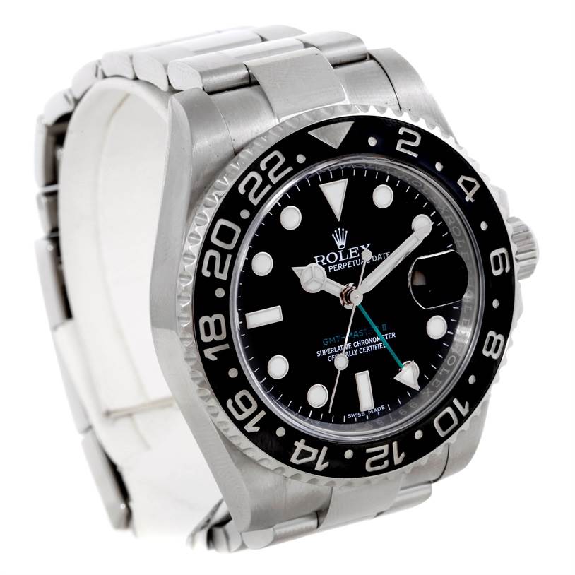 The image shows a Rolex GMT-Master 116710 Men
s Stainless Steel Black Dial 116710 Men
s Stainless Steel Black Dial watch from a three-quarter angle, displaying its dial, bezel, and bracelet.