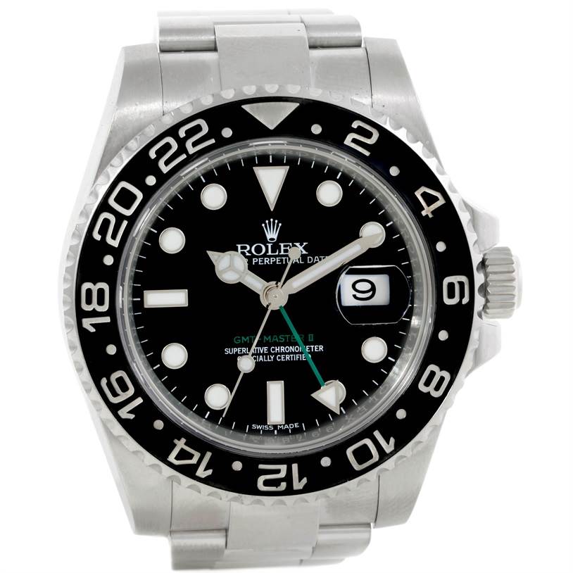 This image shows a front view of a Rolex GMT-Master 116710 Men
s Stainless Steel Black Dial 116710 Men
s Stainless Steel Black Dial II watch, displaying the dial, bezel, crown, and a portion of the bracelet.