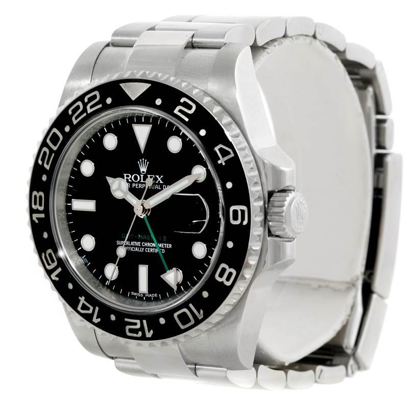 This image shows a Rolex GMT-Master 116710 Men
s Stainless Steel Black Dial 116710 Men
s Stainless Steel Black Dial watch at a slight side angle, displaying the bezel, dial, hour markers, and part of the bracelet.