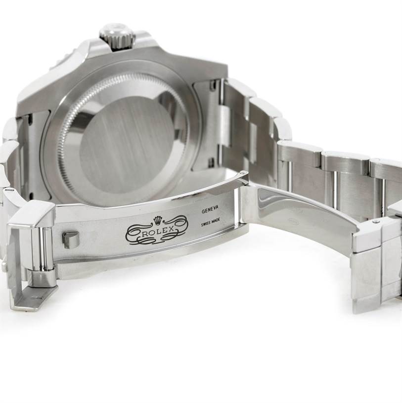 The image shows the back case and open clasp of a Rolex GMT-Master 116710 Men
s Stainless Steel Black Dial 116710 Men
s Stainless Steel Black Dial watch.