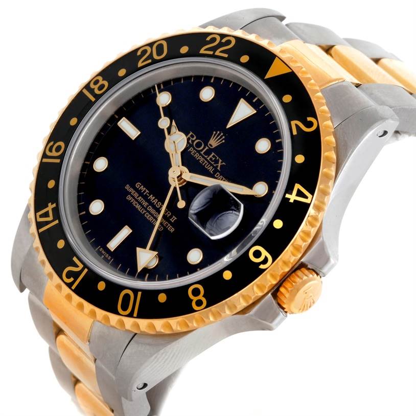 The Rolex GMT-Master 16713 Men
s Stainless Steel Black Dial 16713 Men
s Stainless Steel Black Dial watch is shown from a slight side angle, highlighting the bezel, dial, crown, and two-tone bracelet.