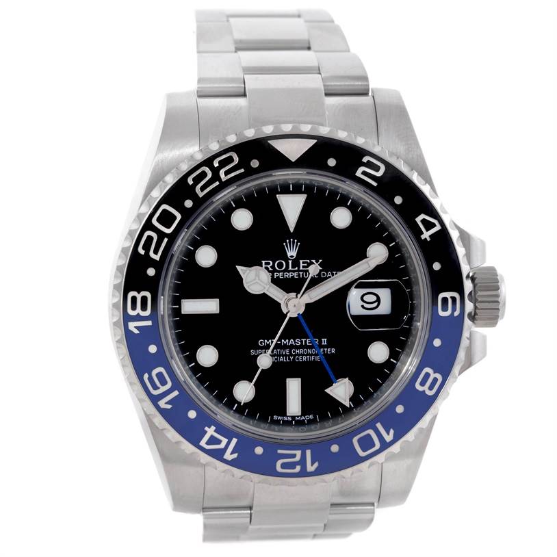 This image shows a front view of a Rolex GMT-Master 116710 Men's Stainless Steel Black Dial 116710 Men's Stainless Steel Black Dial II watch, highlighting the dial, bezel, and bracelet.