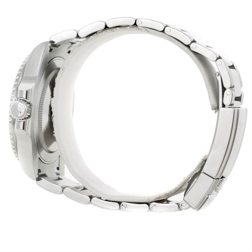 The image shows a side view of a Rolex GMT-Master 116710 Men's Stainless Steel Black Dial 116710 Men's Stainless Steel Black Dial watch, featuring the bracelet, clasp, and crown.