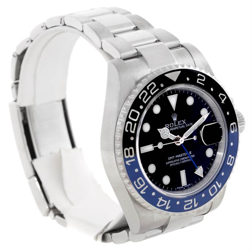 The image shows a side and front angle view of the Rolex GMT-Master 116710 Men's Stainless Steel Black Dial 116710 Men's Stainless Steel Black Dial watch, highlighting its bezel, dial, and part of the bracelet.
