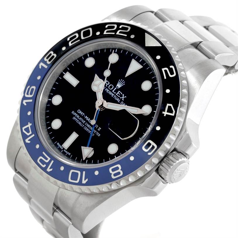 The image shows a Rolex GMT-Master 116710 Men's Stainless Steel Black Dial 116710 Men's Stainless Steel Black Dial II watch from an angled side view, displaying its bezel, dial, crown, and bracelet.