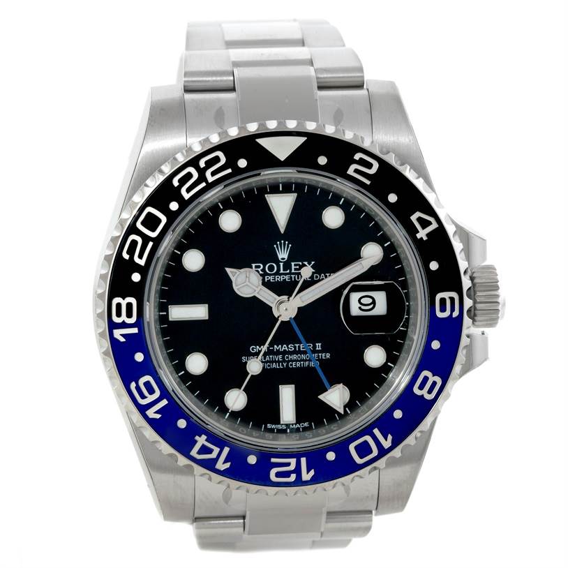 A front view of a Rolex GMT-Master 116710 Men's Stainless Steel Black Dial 116710 Men's Stainless Steel Black Dial II watch showing the face, bezel, and part of the bracelet.