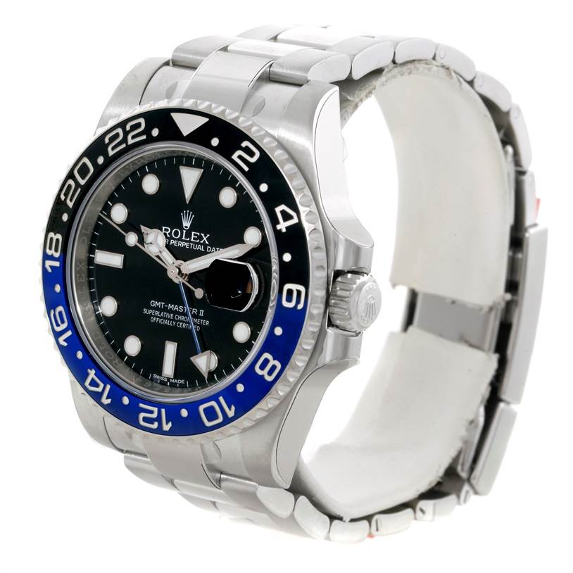 The image shows a Rolex GMT-Master 116710 Men's Stainless Steel Black Dial 116710 Men's Stainless Steel Black Dial II watch from an angle highlighting its face, bezel, crown, and part of its bracelet.