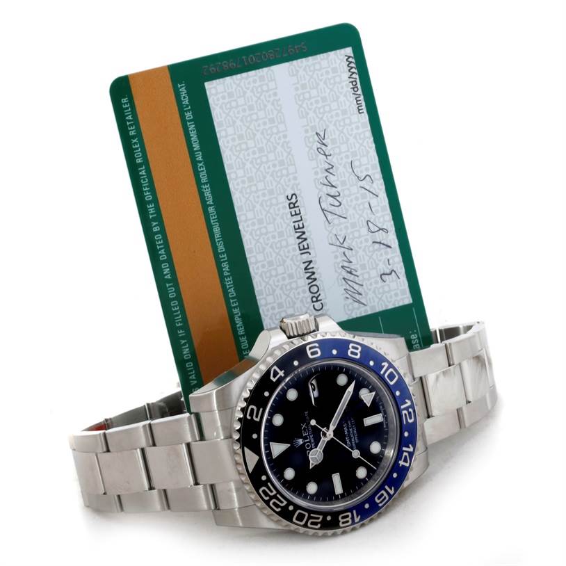 The image shows a Rolex GMT-Master 116710 Men's Stainless Steel Black Dial 116710 Men's Stainless Steel Black Dial watch laid flat alongside an authentication card.