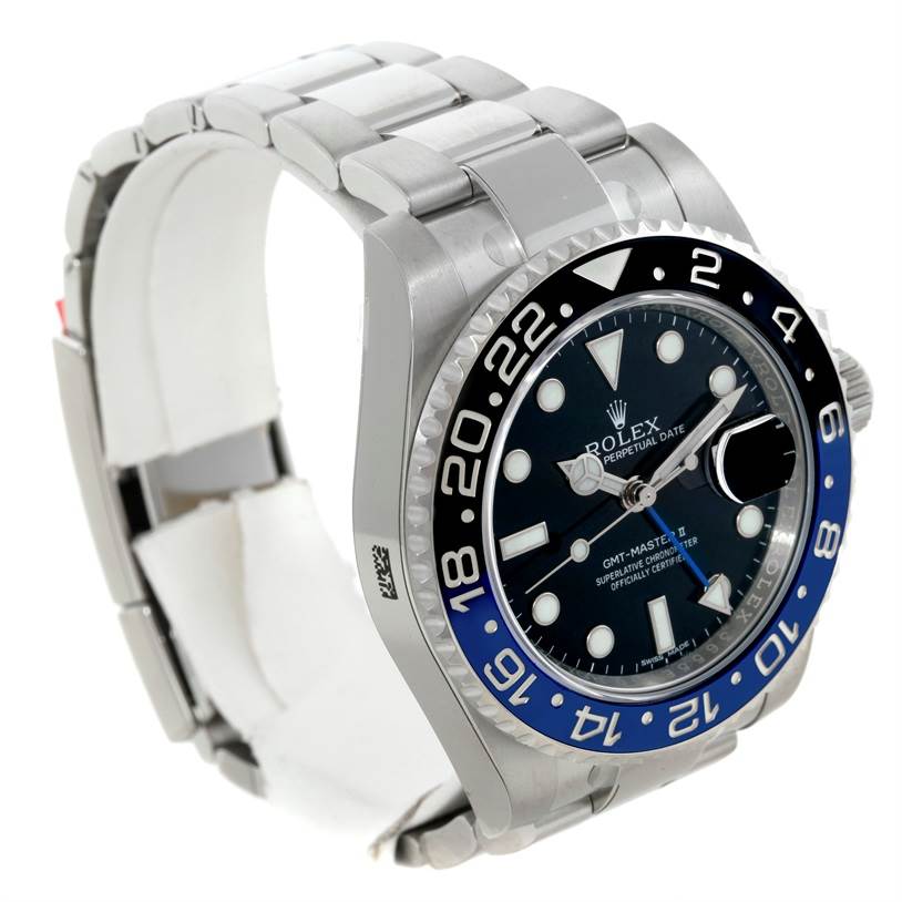 The image shows a Rolex GMT-Master 116710 Men's Stainless Steel Black Dial 116710 Men's Stainless Steel Black Dial watch angled from the upper left, displaying the watch face, bezel, crown, and part of the bracelet.