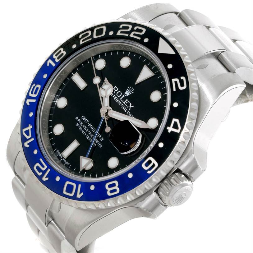 The image shows a partial side-angle view of a Rolex GMT-Master 116710 Men's Stainless Steel Black Dial 116710 Men's Stainless Steel Black Dial watch, highlighting its bezel, dial, and band.