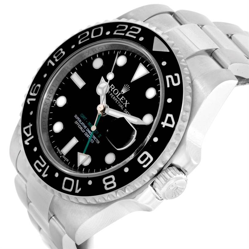 The image shows a Rolex GMT-Master 116710 Men's Stainless Steel Black Dial 116710 Men's Stainless Steel Black Dial watch from an angled side view, displaying the bezel, dial, crown, and part of the bracelet.