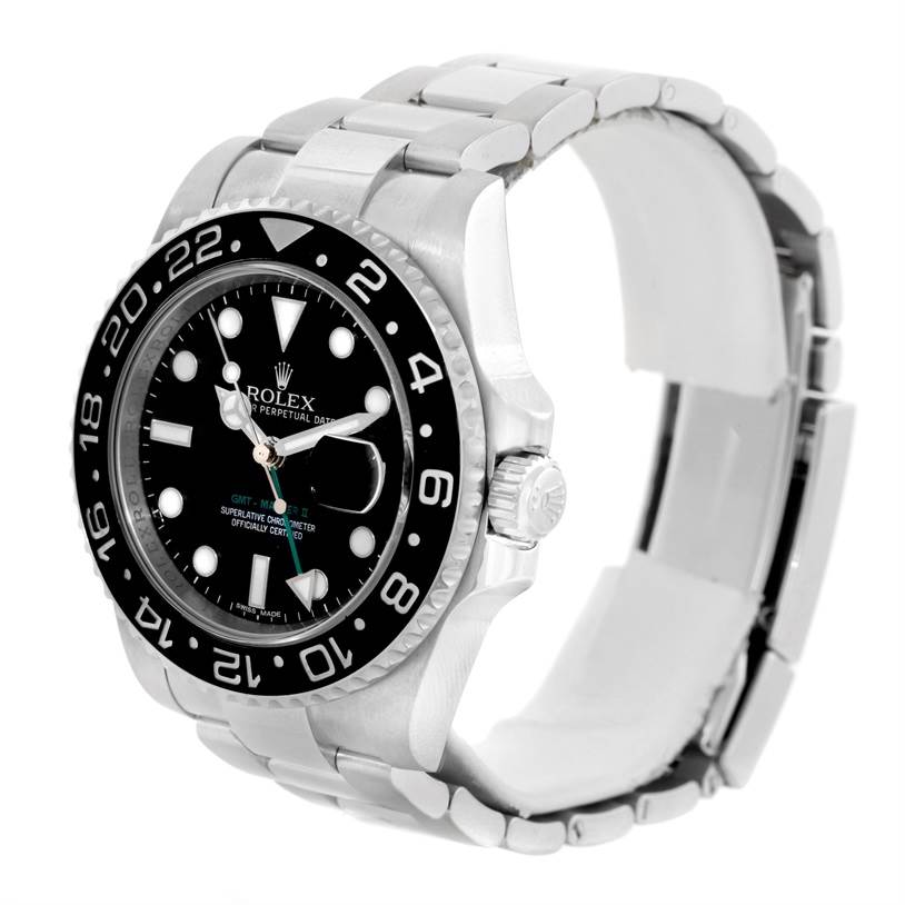 The image shows a side angle view of a Rolex GMT-Master 116710 Men's Stainless Steel Black Dial 116710 Men's Stainless Steel Black Dial watch, featuring its bezel, dial, and bracelet.