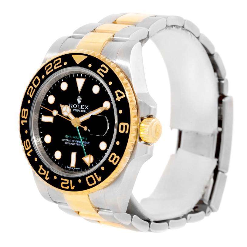 This image shows a front angle of a Rolex GMT-Master 116713 Men's Stainless Steel Black Dial 116713 Men's Stainless Steel Black Dial watch, highlighting its bezel, dial, and two-tone band.