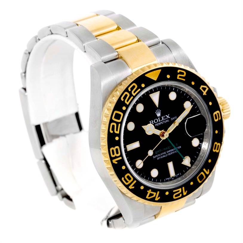 The image shows a Rolex GMT-Master 116713 Men's Stainless Steel Black Dial 116713 Men's Stainless Steel Black Dial watch at an angle, highlighting its two-tone bracelet, bezel, and dial.