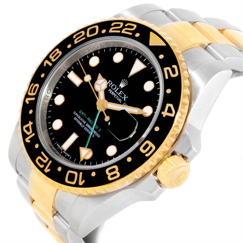 The image shows a close-up angle of a Rolex GMT-Master 116713 Men's Stainless Steel Black Dial 116713 Men's Stainless Steel Black Dial watch displaying the dial, bezel, crown, and partial bracelet.