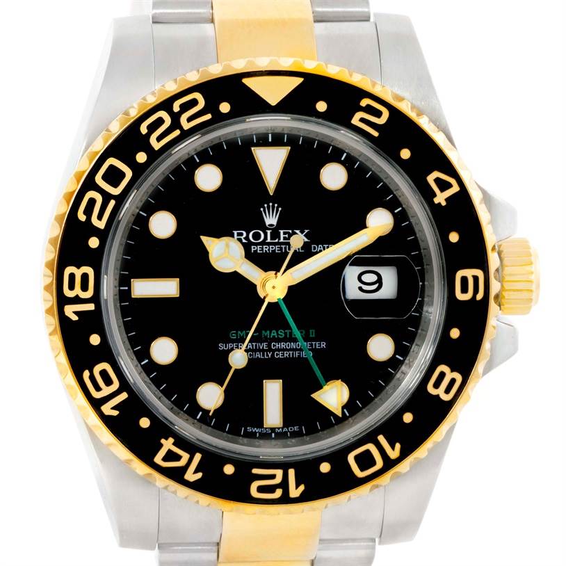 This is a front view of a Rolex GMT-Master 116713 Men's Stainless Steel Black Dial 116713 Men's Stainless Steel Black Dial II watch, displaying its dial, bezel, and part of the bracelet.