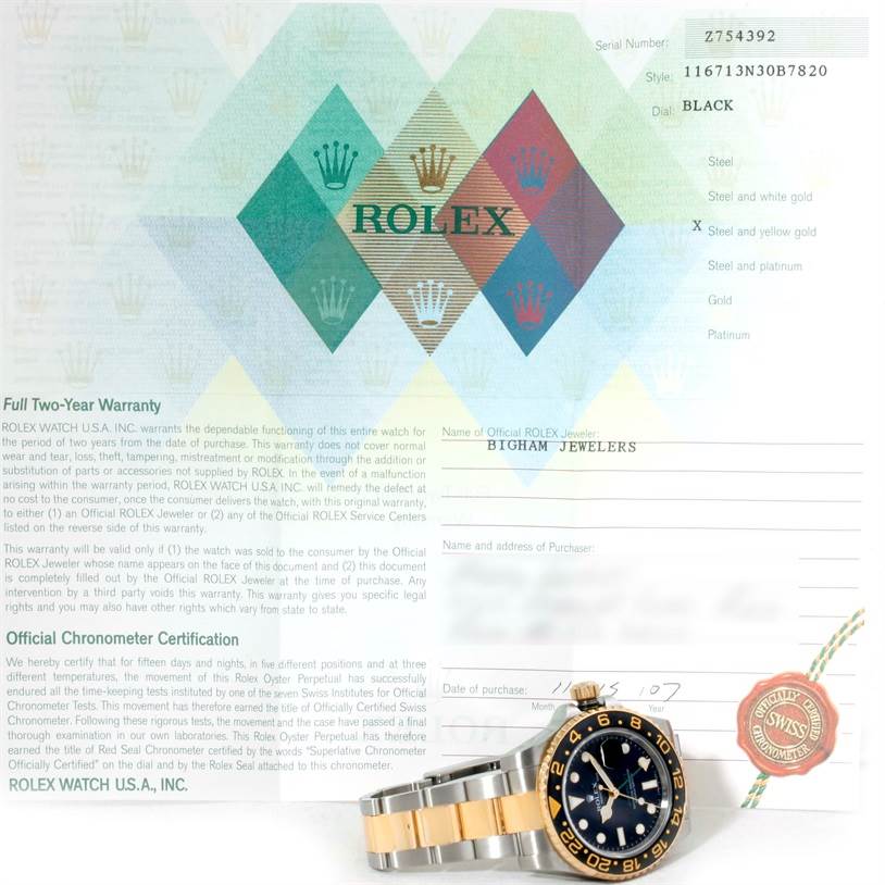The image displays a Rolex GMT-Master 116713 Men's Stainless Steel Black Dial 116713 Men's Stainless Steel Black Dial watch placed on top of its warranty certificate, showing the face and bracelet.