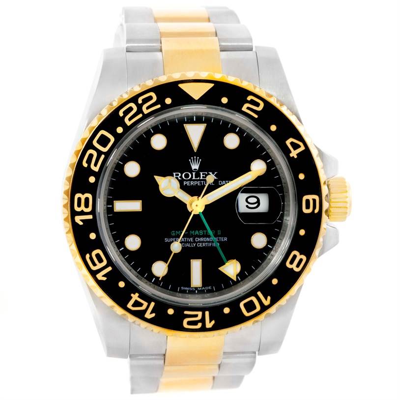 This Rolex GMT-Master 116713 Men's Stainless Steel Black Dial 116713 Men's Stainless Steel Black Dial model watch is shown from the front, highlighting its dial, bezel, and bracelet.