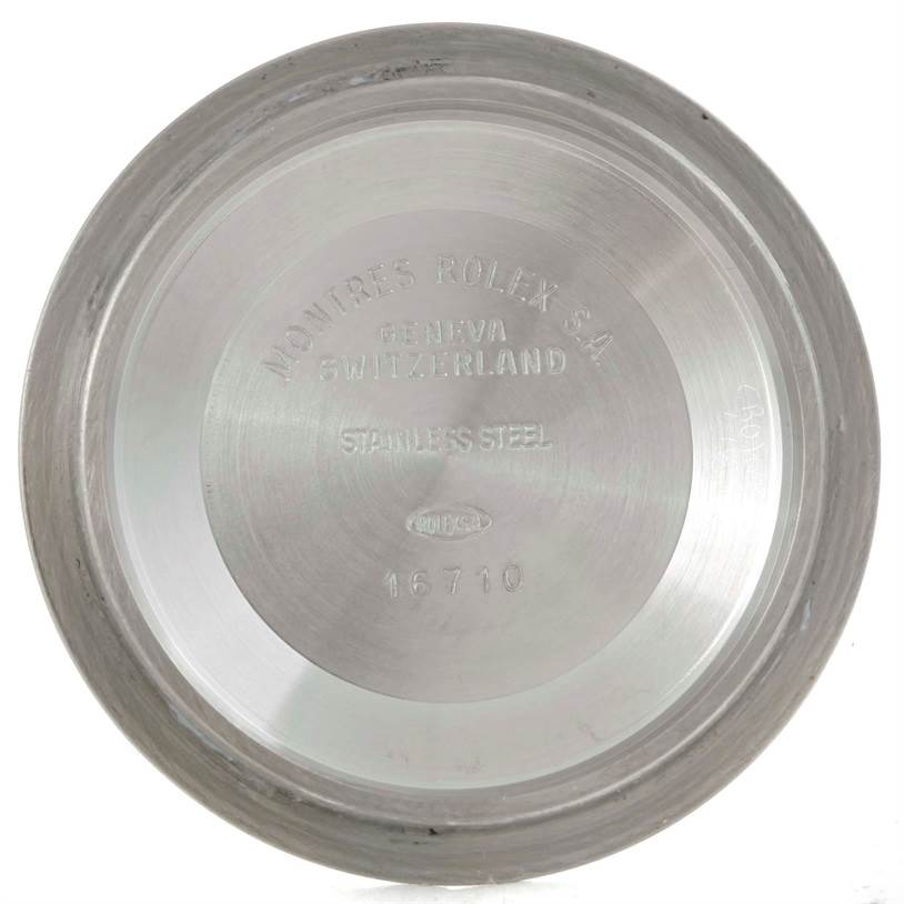 This is the inner case back of a Rolex GMT-Master 16713 Men's Stainless Steel Black Dial 16713 Men's Stainless Steel Black Dial, model 16710, showing engravings indicating stainless steel and manufacturing details.