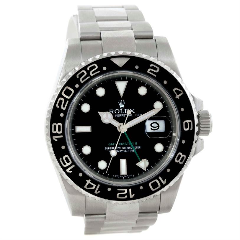This image shows a front view of a Rolex GMT-Master 116710 Men's Stainless Steel Black Dial 116710 Men's Stainless Steel Black Dial watch, displaying its bezel, dial, hands, date window, and bracelet.