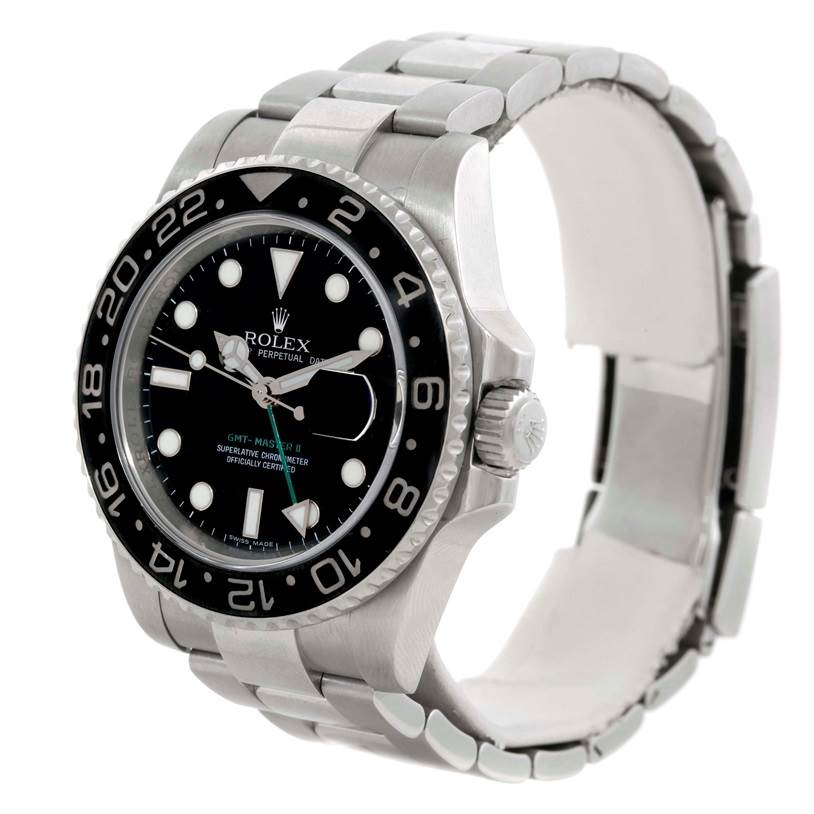 The GMT-Master Rolex watch is shown from a three-quarter angle, showcasing the dial, bezel, crown, and bracelet.