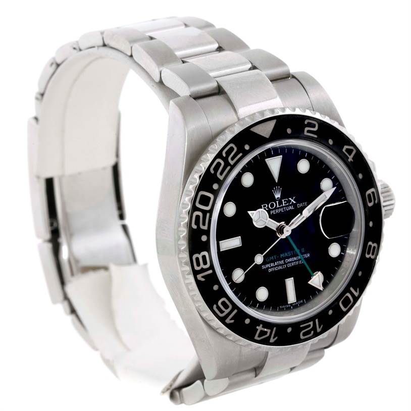 The Rolex GMT-Master 116710 Men's Stainless Steel Black Dial 116710 Men's Stainless Steel Black Dial watch is shown at a three-quarter angle, featuring its bezel, dial, and part of the bracelet.