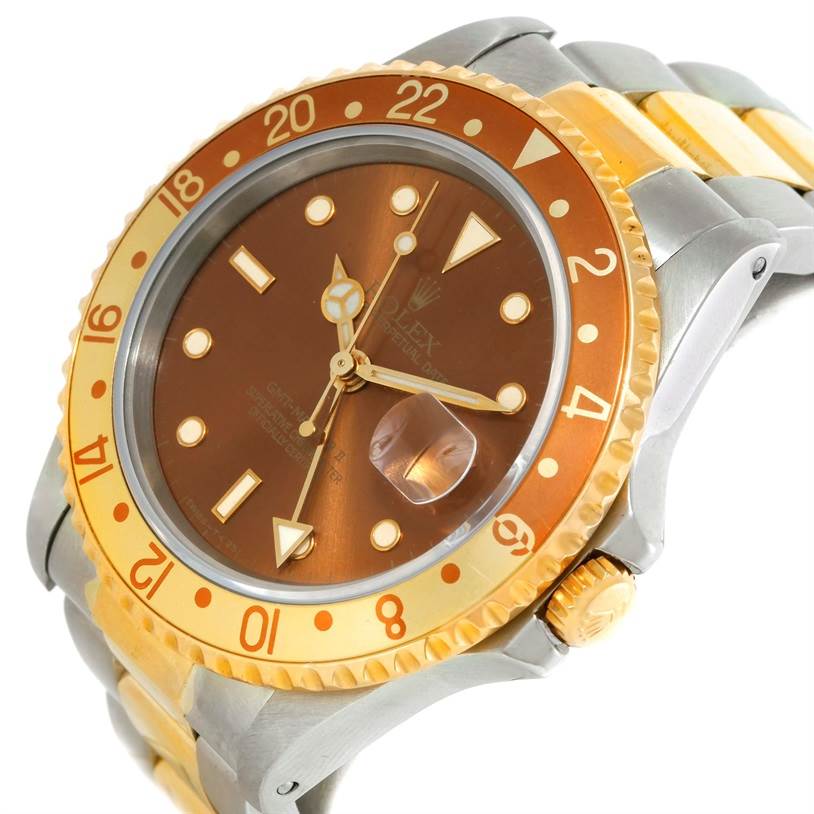 This image shows the Rolex GMT-Master 16713 Men's Stainless Steel Brown Dial 16713 Men's Stainless Steel Brown Dial watch, highlighting the bezel, dial, crown, and bracelet from an angled side view.