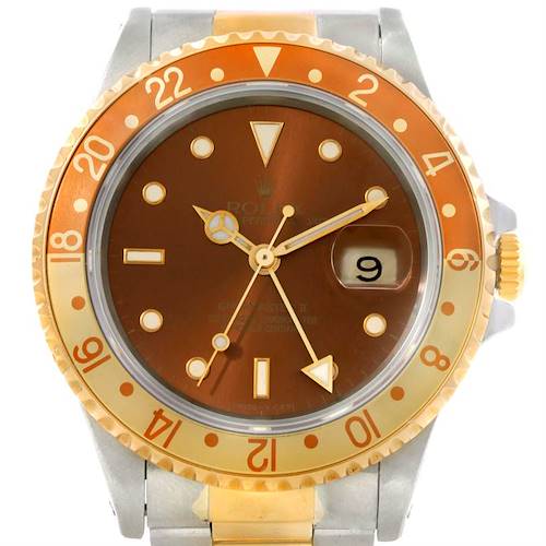 Photo of Rolex GMT Master II Mens Rootbeer 18k Yellow Gold Steel Watch 16713