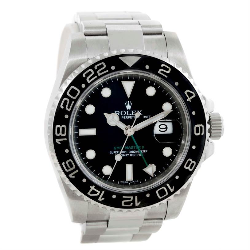 The image shows a front view of the Rolex GMT-Master 116710 Men's Stainless Steel Black Dial 116710 Men's Stainless Steel Black Dial II watch, displaying its black dial, bezel, and stainless steel bracelet.