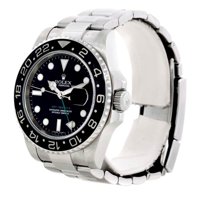 The Rolex GMT-Master 116710 Men's Stainless Steel Black Dial 116710 Men's Stainless Steel Black Dial watch is shown from a three-quarter view, highlighting the face, bezel, crown, and bracelet.