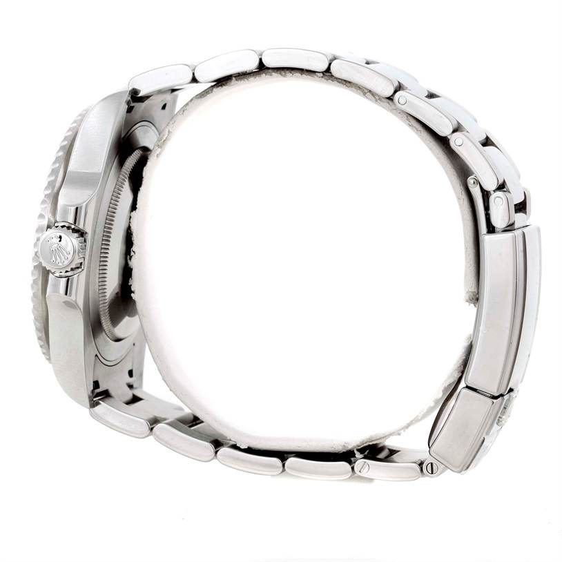 The image shows a side view of the Rolex GMT-Master 116710 Men's Stainless Steel Black Dial 116710 Men's Stainless Steel Black Dial, highlighting the crown, case, and bracelet.