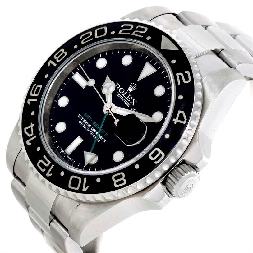 The image shows a Rolex GMT-Master 116710 Men's Stainless Steel Black Dial 116710 Men's Stainless Steel Black Dial watch at an angled view, highlighting the dial, bezel, crown, and bracelet.