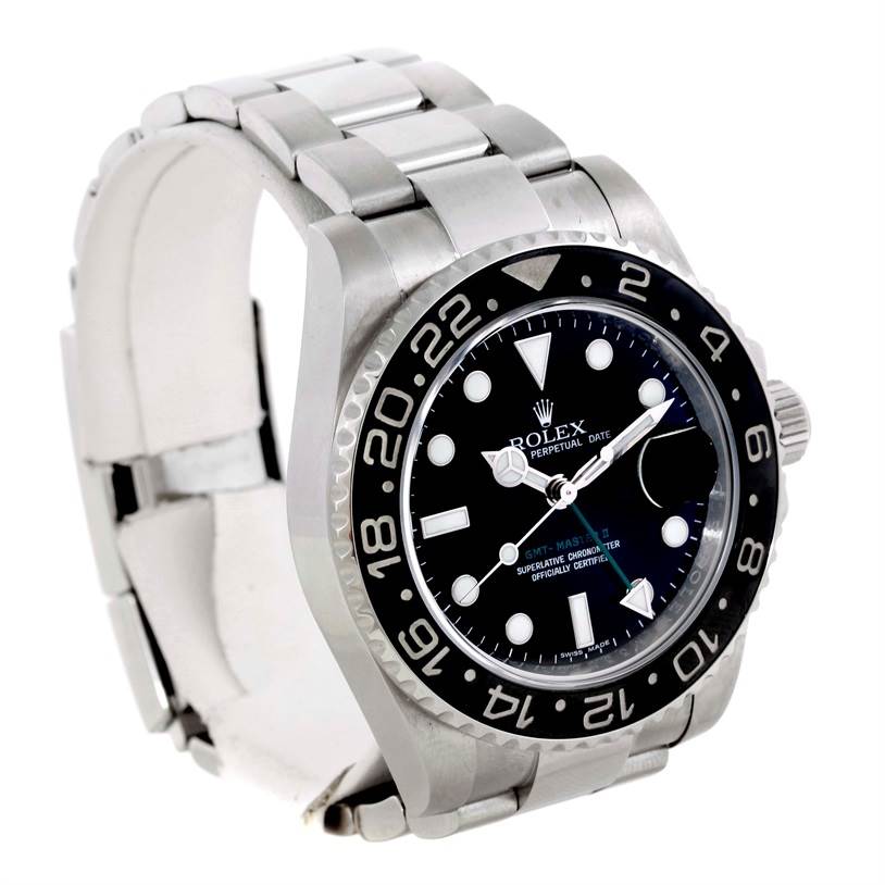 The image shows a Rolex GMT-Master 116710 Men's Stainless Steel Black Dial 116710 Men's Stainless Steel Black Dial watch from an oblique angle, highlighting the face, bezel, and bracelet.