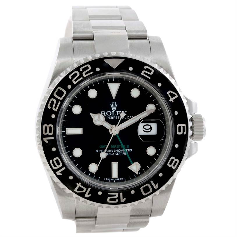 This image shows a frontal view of the Rolex GMT-Master 116710 Men's Stainless Steel Black Dial 116710 Men's Stainless Steel Black Dial II watch, highlighting its face, bezel, and bracelet.