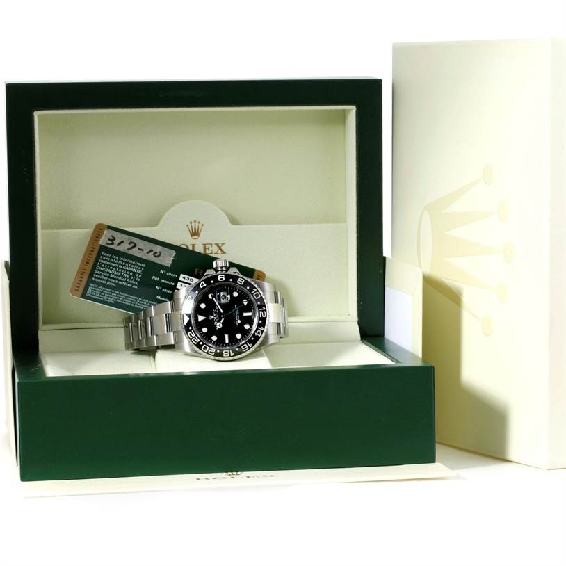 The image shows a Rolex GMT-Master 116710 Men's Stainless Steel Black Dial 116710 Men's Stainless Steel Black Dial watch displayed in an open Rolex box with associated documentation.