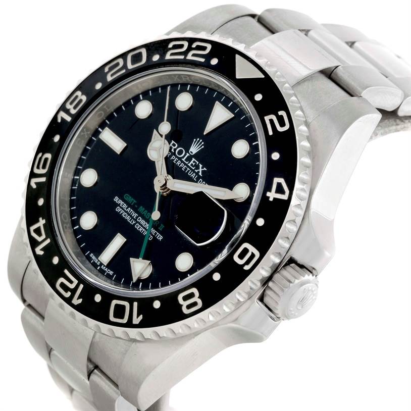 This image shows a close-up angle of a Rolex GMT-Master 116710 Men's Stainless Steel Black Dial 116710 Men's Stainless Steel Black Dial watch, focusing on the bezel, dial, and part of the bracelet.