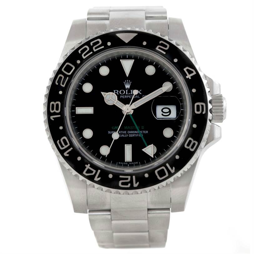 This Rolex GMT-Master 116710 Men's Stainless Steel Black Dial 116710 Men's Stainless Steel Black Dial watch is shown from a front angle, displaying the dial, bezel, hands, date window, and bracelet.