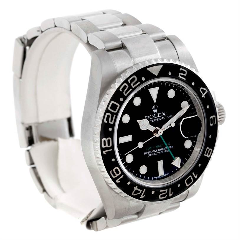 The image shows a Rolex GMT-Master 116710 Men's Stainless Steel Black Dial 116710 Men's Stainless Steel Black Dial watch from a three-quarter angle, highlighting the dial, bezel, and bracelet.