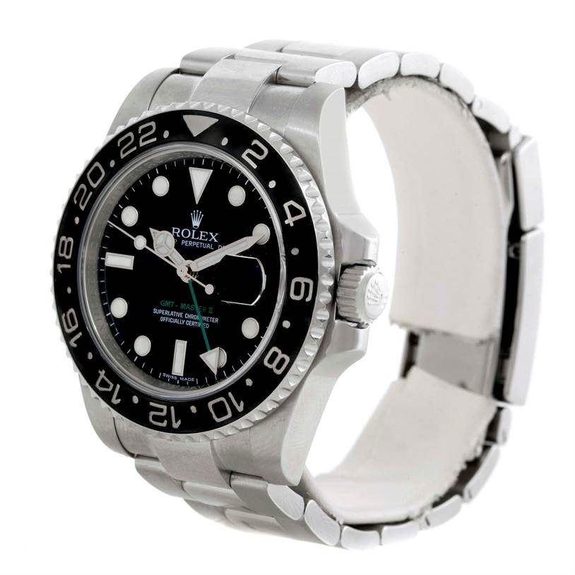 The Rolex GMT-Master 116710 Men's Stainless Steel Black Dial 116710 Men's Stainless Steel Black Dial watch is shown at a slight left-side angle, highlighting the bezel, face, and bracelet.