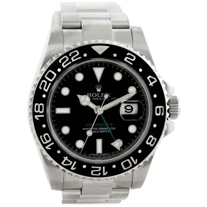 The image shows a Rolex GMT-Master 116710 Men's Stainless Steel Black Dial 116710 Men's Stainless Steel Black Dial II watch from a top-down angle, displaying its dial, bezel, and bracelet.