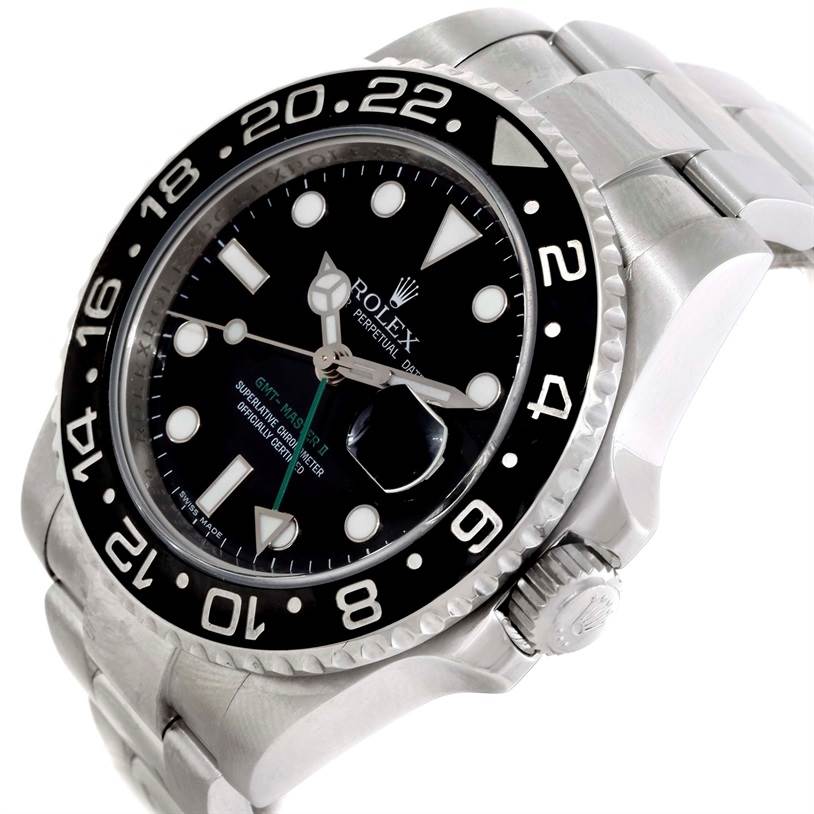 This image shows a Rolex GMT-Master 116710 Men's Stainless Steel Black Dial 116710 Men's Stainless Steel Black Dial watch at an angled close-up, highlighting the dial, bezel, and part of the bracelet.