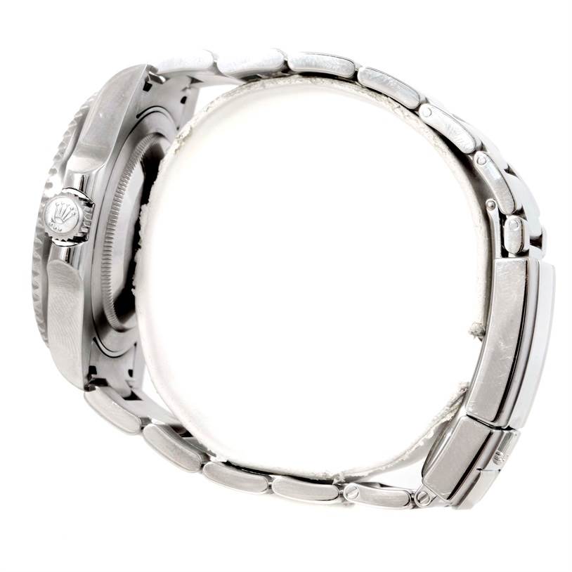 The image shows a side profile of the Rolex GMT-Master 116710 Men's Stainless Steel Black Dial 116710 Men's Stainless Steel Black Dial watch, highlighting the crown and the metal bracelet.