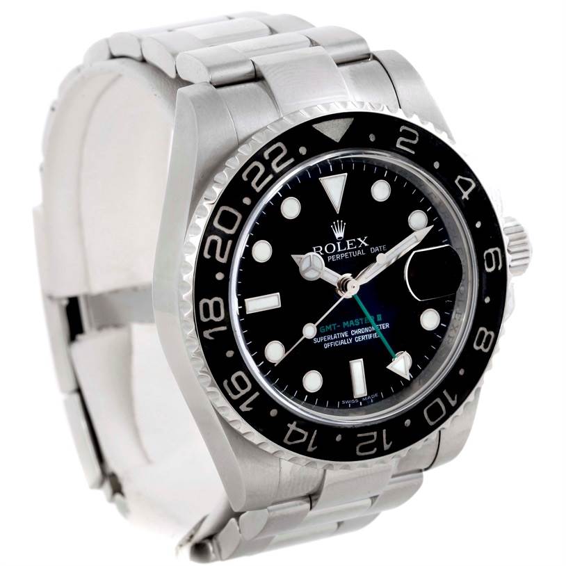 The image shows a Rolex GMT-Master 116710 Men's Stainless Steel Black Dial 116710 Men's Stainless Steel Black Dial II watch, featuring its bracelet, bezel, crown, and face in a three-quarter view angle.