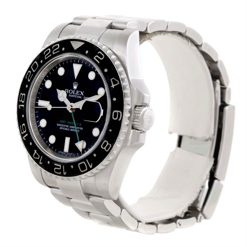 The Rolex GMT-Master 116710 Men's Stainless Steel Black Dial 116710 Men's Stainless Steel Black Dial watch is shown from a three-quarter angle displaying its face, bezel, bracelet, and crown.