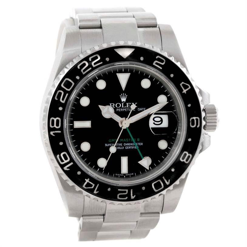 The image shows a front view of a Rolex GMT-Master 116710 Men's Stainless Steel Black Dial 116710 Men's Stainless Steel Black Dial II watch, highlighting the dial, bezel, and part of the stainless steel bracelet.