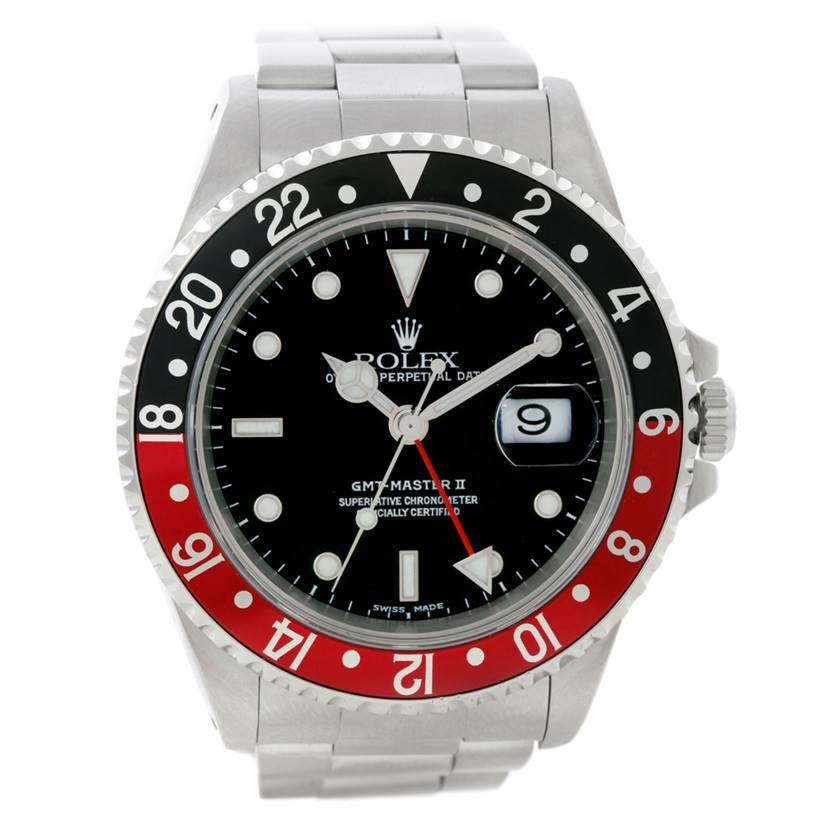 This image shows a frontal view of the Rolex GMT-Master 16710 Men's Stainless Steel Black Dial 16710 Men's Stainless Steel Black Dial II watch, highlighting the dial, bezel, and bracelet.