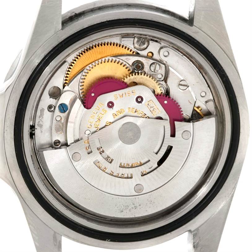 This image shows the inner mechanical movement of a Rolex GMT-Master 1675 Men's Stainless Steel Black Dial 1675 Men's Stainless Steel Black Dial watch from a rear angle with the case back removed.
