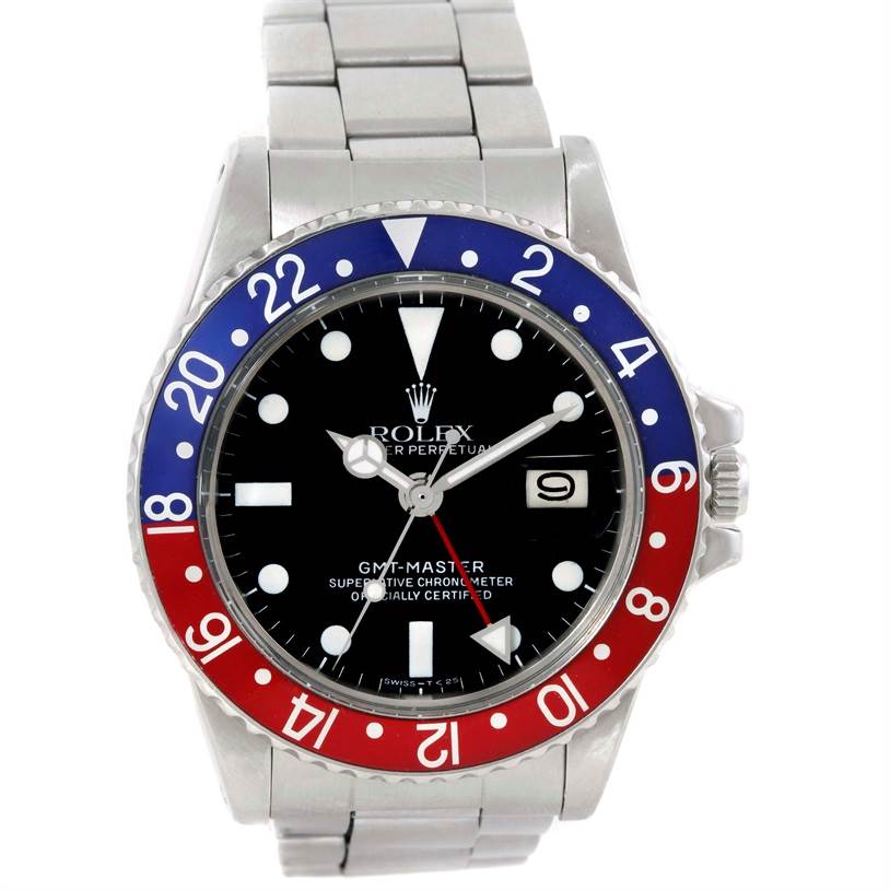 The image shows a front angle view of the Rolex GMT-Master 1675 Men's Stainless Steel Black Dial 1675 Men's Stainless Steel Black Dial, displaying its bezel, dial, and bracelet.